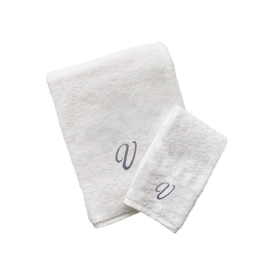 Iris Embroidered For You Hand Towel (50 x 80 Cm) Bath Towel (70 x 140 Cm) White (100% Cotton) Letter "V" Silver Thread Ballantines Font - (Set of 2) 600 Gsm