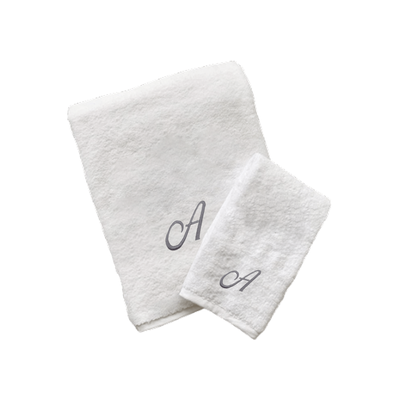 Iris Embroidered For You Hand Towel (50 x 80 Cm) Bath Towel (70 x 140 Cm) White (100% Cotton) Letter "A" Silver Thread Ballantines Font - (Set of 2) 600 Gsm