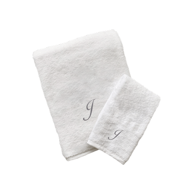 Iris Embroidered For You Hand Towel (50 x 80 Cm) Bath Towel (70 x 140 Cm) White (100% Cotton) Letter "J" Silver Thread Ballantines Font - (Set of 2) 600 Gsm