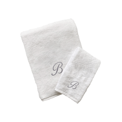 Iris Embroidered For You Hand Towel (50 x 80 Cm) Bath Towel (70 x 140 Cm) White (100% Cotton) Letter "B" Silver Thread Ballantines Font - (Set of 2) 600 Gsm