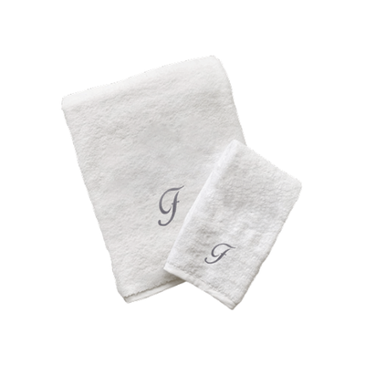 Iris Embroidered For You Hand Towel (50 x 80 Cm) Bath Towel (70 x 140 Cm) White (100% Cotton) Letter "F" Silver Thread Ballantines Font - (Set of 2) 600 Gsm