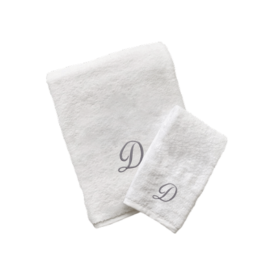 Iris Embroidered For You Hand Towel (50 x 80 Cm) Bath Towel (70 x 140 Cm) White (100% Cotton) Letter "D" Silver Thread Ballantines Font - (Set of 2) 600 Gsm