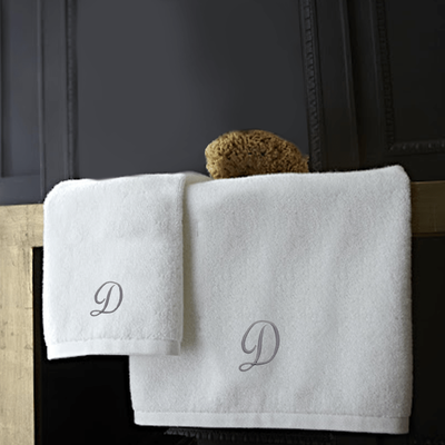 Iris Embroidered For You Hand Towel (50 x 80 Cm) Bath Towel (70 x 140 Cm) White (100% Cotton) Letter "D" Silver Thread Ballantines Font - (Set of 2) 600 Gsm