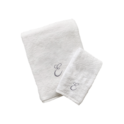 Iris Embroidered For You Hand Towel (50 x 80 Cm) Bath Towel (70 x 140 Cm) White (100% Cotton) Letter "E" Silver Thread Ballantines Font - (Set of 2) 600 Gsm