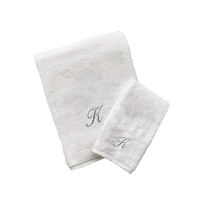 Iris Embroidered For You Hand Towel (50 x 80 Cm) Bath Towel (70 x 140 Cm) White (100% Cotton) Letter "K" Silver Thread Ballantines Font - (Set of 2) 600 Gsm