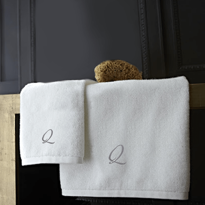 Iris Embroidered For You Hand Towel (50 x 80 Cm) Bath Towel (70 x 140 Cm) White (100% Cotton) Letter "Q" Silver Thread Ballantines Font - (Set of 2) 600 Gsm