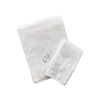 Iris Embroidered For You Hand Towel (50 x 80 Cm) Bath Towel (70 x 140 Cm) White (100% Cotton) Letter "N" Silver Thread Ballantines Font - (Set of 2) 600 Gsm
