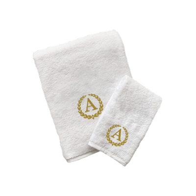 Iris Embroidered For You Hand Towel (50 x 80 Cm) Bath Towel (70 x 140 Cm) White (100% Cotton) Letter "A" Gold Thread Ballantines Font - (Set of 2) 600 Gsm