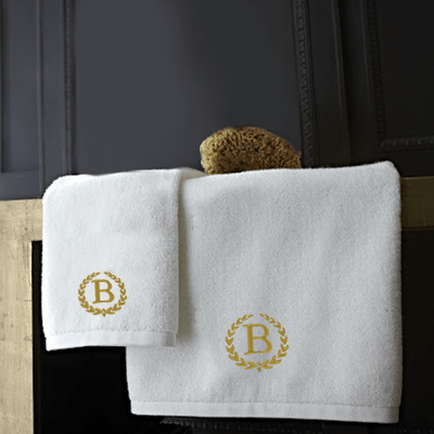 Iris Embroidered For You Hand Towel (50 x 80 Cm) Bath Towel (70 x 140 Cm) White (100% Cotton) Letter "B" Gold Thread Ballantines Font - (Set of 2) 600 Gsm