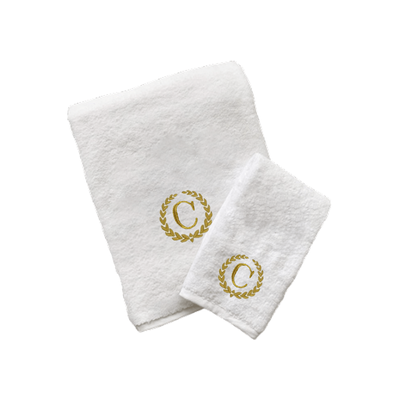 Iris Embroidered For You Hand Towel (50 x 80 Cm) Bath Towel (70 x 140 Cm) White (100% Cotton) Letter "C" Gold Thread Ballantines Font - (Set of 2) 600 Gsm