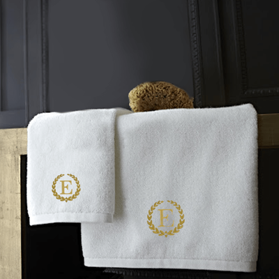 Iris Embroidered For You Hand Towel (50 x 80 Cm) Bath Towel (70 x 140 Cm) White (100% Cotton) Letter "E" Gold Thread Ballantines Font - (Set of 2) 600 Gsm