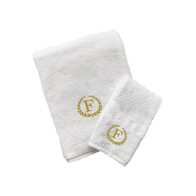 Iris Embroidered For You Hand Towel (50 x 80 Cm) Bath Towel (70 x 140 Cm) White (100% Cotton) Letter "F" Gold Thread Ballantines Font - (Set of 2) 600 Gsm