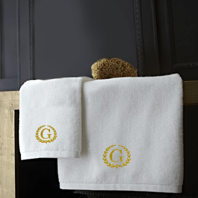 Iris Embroidered For You Hand Towel (50 x 80 Cm) Bath Towel (70 x 140 Cm) White (100% Cotton) Letter "G" Gold Thread Ballantines Font - (Set of 2) 600 Gsm