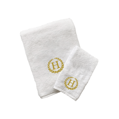 Iris Embroidered For You Hand Towel (50 x 80 Cm) Bath Towel (70 x 140 Cm) White (100% Cotton) Letter "H" Gold Thread Ballantines Font - (Set of 2) 600 Gsm