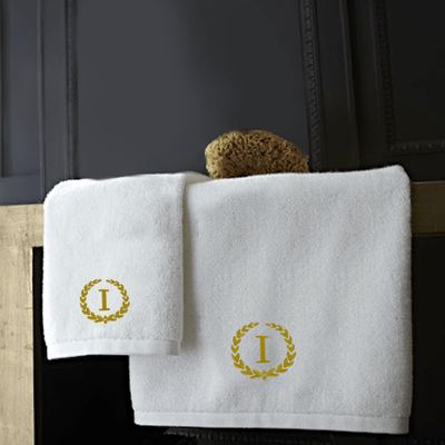 Iris Embroidered For You Hand Towel (50 x 80 Cm) Bath Towel (70 x 140 Cm) White (100% Cotton) Letter "I" Gold Thread Ballantines Font - (Set of 2) 600 Gsm