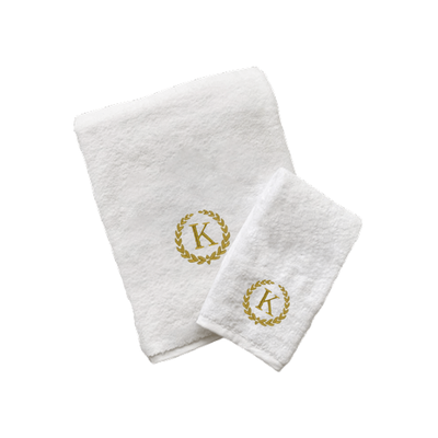 Iris Embroidered For You Hand Towel (50 x 80 Cm) Bath Towel (70 x 140 Cm) White (100% Cotton) Letter "K" Gold Thread Ballantines Font - (Set of 2) 600 Gsm