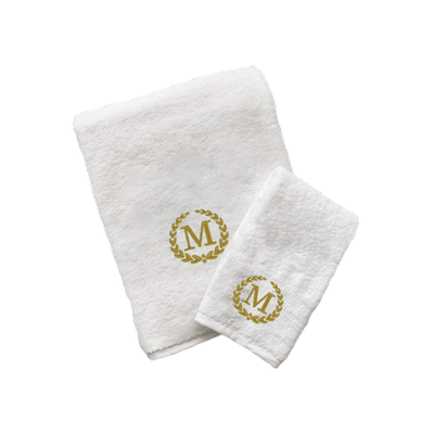Iris Embroidered For You Hand Towel (50 x 80 Cm) Bath Towel (70 x 140 Cm) White (100% Cotton) Letter "M" Gold Thread Ballantines Font - (Set of 2) 600 Gsm