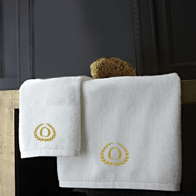 Iris Embroidered For You Hand Towel (50 x 80 Cm) Bath Towel (70 x 140 Cm) White (100% Cotton) Letter "O" Gold Thread Ballantines Font - (Set of 2) 600 Gsm