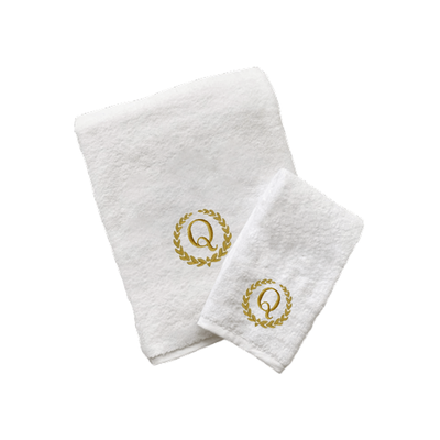 Iris Embroidered For You Hand Towel (50 x 80 Cm) Bath Towel (70 x 140 Cm) White (100% Cotton) Letter "Q" Gold Thread Ballantines Font - (Set of 2) 600 Gsm