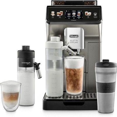 Delonghi Eletta Explore Bean to Cup coffee machine with Latte cream Hot and cool Technology, Cold extraction technology, with 3.5 inch TFT display and soft control, wifi connectivity-Titanium,ECAM450.86.T