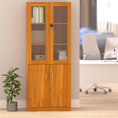 Mahmayi Carre 1123 Full Height Bookshelf Cabinet with Digital Lock Sturdy and Elegant Wooden Bookshelf Ideal for Home and Office - Light Walnut