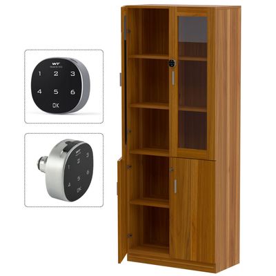 Mahmayi Carre 1123 Full Height Bookshelf Cabinet with Digital Lock Sturdy and Elegant Wooden Bookshelf Ideal for Home and Office - Light Walnut