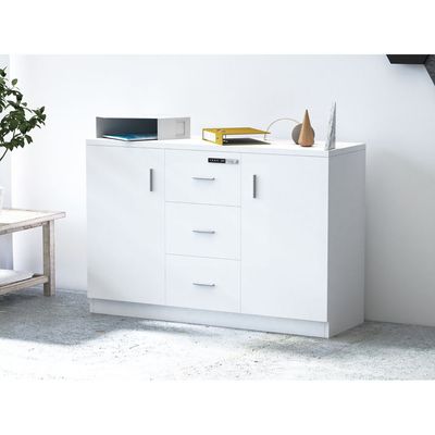 Mahmayi Carre 1147 Storage Cabinet with 3 Storage Drawer and 2 Side Door with Touch Screen Digital Lock ideal for Home and Office - White
