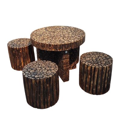 Wooden Antique Round Shaped Coffee Table With 4 Stool