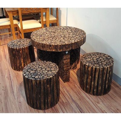 Wooden Antique Round Shaped Coffee Table With 4 Stool