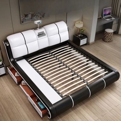 Smart Bed King Size Provided with Projector Massage Bluetooth Speaker Storage Drawers Safe Air Purifier Clock Display - White