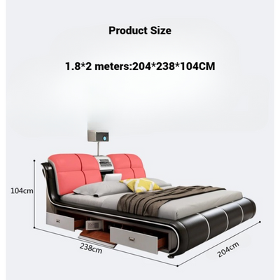 Smart Bed King Size Provided with Projector Massage Bluetooth Speaker Storage Drawers Safe Air Purifier Clock Display - White