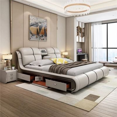 Smart Bed King Size Provided with Projector Massage Bluetooth Speaker Storage Drawers Safe Air Purifier Clock Display - Off White