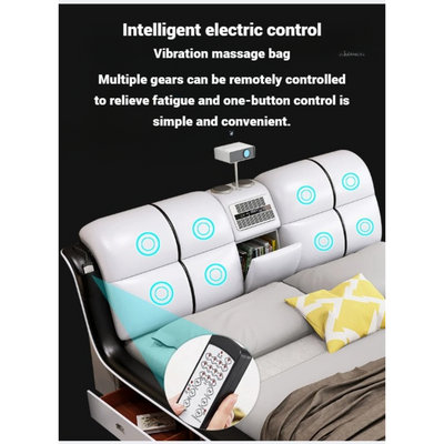 Smart Bed King Size Provided with Projector Massage Bluetooth Speaker Storage Drawers Safe Air Purifier Clock Display - Brown