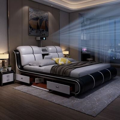 Smart Bed King Size Provided with Projector Massage Bluetooth Speaker Storage Drawers Safe Air Purifier Clock Display - Brown