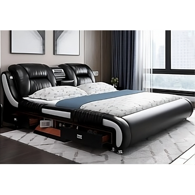Smart Bed King Size Provided with Projector Massage Bluetooth Speaker Storage Drawers Safe Air Purifier Clock Display - Black