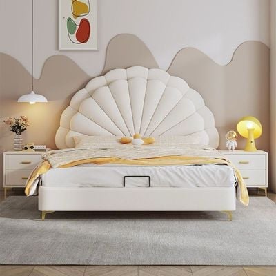 Modern Upholstered Leather Bed, Petal Shaped Headboard - Queen Size 150 * 200 cm