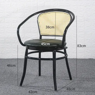 Maple Home Accent Arm Dining Chair Woven Plastic Rattan Cane Back Leather Padded Seat Black Metal Legs Kitchen Living Indoor Outdoor Patio Furniture 