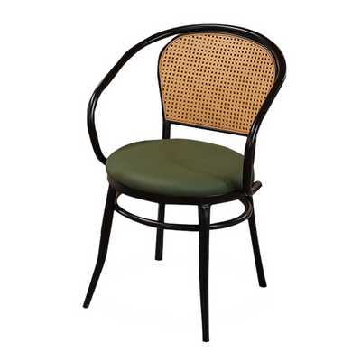 Maple Home Accent Arm Dining Chair Woven Plastic Rattan Cane Back Leather Padded Seat Black Metal Legs Kitchen Living Indoor Outdoor Patio Furniture 