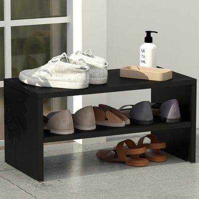 Mahmayi 2-Tier Stackable Shoe Rack, Wooden 2-Shelf Shoe Shoes Organizer Storage Shelf for Entryway Hallway Bathroom Living Room - Black