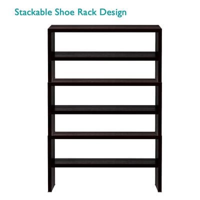 Mahmayi 2-Tier Stackable Shoe Rack, Wooden 2-Shelf Shoe Shoes Organizer Storage Shelf for Entryway Hallway Bathroom and Living Room - Dark Walnut