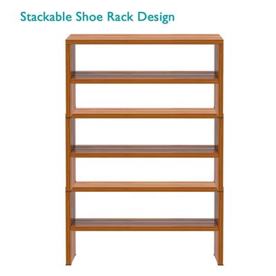 Mahmayi 2-Tier Stackable Shoe Rack, Wooden 2-Shelf Shoe Shoes Organizer Storage Shelf for Entryway Hallway Bathroom and Living Room - Light Walnut
