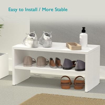 Mahmayi 2-Tier Stackable Shoe Rack, Wooden 2-Shelf Shoe Shoes Organizer Storage Shelf for Entryway Hallway Bathroom and Living Room - White