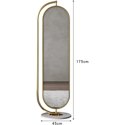 مرآة بيضاوية كاملة الطول قابلة للدوران مع علاقة للمعاطف. إطار معدني ذهبي قائم 