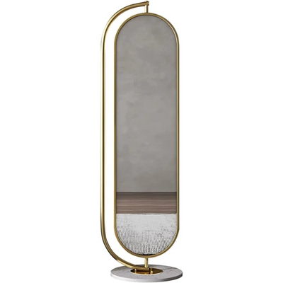 مرآة بيضاوية كاملة الطول قابلة للدوران مع علاقة للمعاطف. إطار معدني ذهبي قائم 