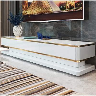 Luxurious Living Room Table Set, Coffee Table Center Table, TV Unit, Two Side Tables Attractive Design Storage Drawers Durable Materials, Gold Frame - White
