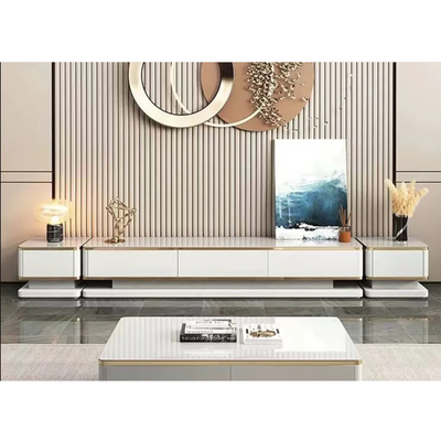 Luxurious Living Room Table Set, Coffee Table Center Table, TV Unit, Two Side Tables Attractive Design Storage Drawers Durable Materials, Gold Frame - White