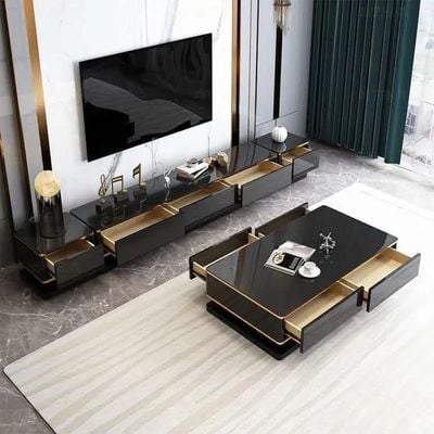 Luxurious Living Room Table Set, Coffee Table Center Table, TV Unit, Two Side Tables Attractive Design Storage Drawers Durable Materials, Gold Frame - Black