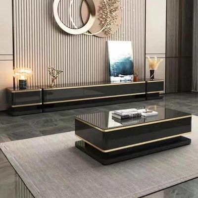 Luxurious Living Room Table Set, Coffee Table Center Table, TV Unit, Two Side Tables Attractive Design Storage Drawers Durable Materials, Gold Frame - Black