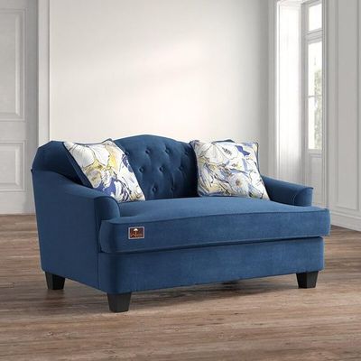 Wooden Recessed Arm Loveseat Sofa 2 Seater Blue (Walnut Legs)