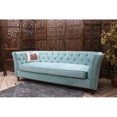 Designer Velvet Rolled Arm Chesterfield Sofa (3 Seater Sky Blue)